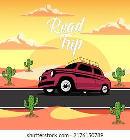 Ilustración vectorial del logotipo de viaje por carretera. Conducción de verano, exhibición de coche de viaje por carretera. vistas a las montañas y a cactus. ilustración vectorial de vacaciones