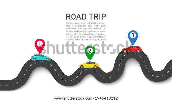Road trip. Map with car and pin location. Roadmap\
for journey. Infographic for taxi, race. Curve of highway for\
traffic and delivery. Icon for transport, travel, guidance. Graphic\
road path. Vector.