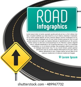 Road trip map vector infographics. Banner with information to highway illustration
