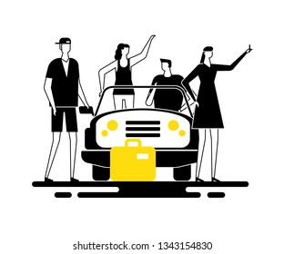 Road trip - modern flat design style illustration. Black and white unusual composition with a group of friends, girls, boys in a car, standing with baggage, making selfie. Travel and vacation concept