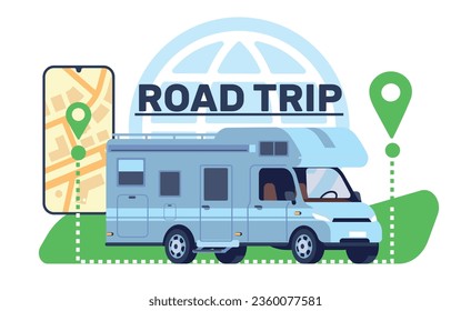 Road trip in motor home around world. Mobile navigation application. Automobile camping van. Map pins. Summer vacation by caravan camper. Car adventure. Driving route