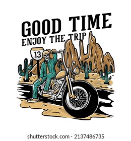road trip with motorcycle. cartoon illustration for t-shirt retro vector template