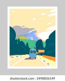 Road trip in mountain. Picture travel concept. Highway car travel. Interior illustration. Vectro art.