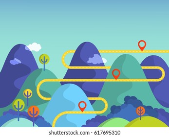 Road trip in mountains. Flat infographic background. Winding road with pinpointers. Vector EPS 10