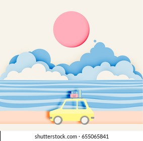 Road trip on the beach with paper art style and pastel color scheme vector illustration