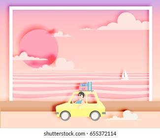 Road Trip On The Beach With Paper Art Style And Pastel Color Scheme Vector Illustration