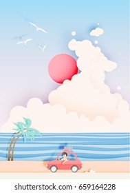 Road trip on the beach with paper art style and pastel color scheme vector illustration