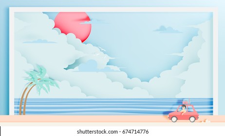 Road trip on the beach with paper art style and pastel color scheme vector illustration