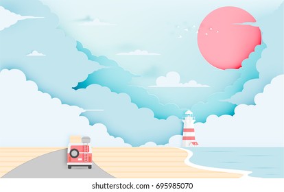 Road trip on the beach paper art style in pastel scheme vector illustration