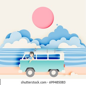 Road trip on the beach with paper art style and pastel color scheme vector illustration