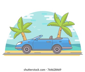 Road trip on a cabriolet with an open roof. A tropical landscape with the sea palm trees and the sports car.A concept of design of a summer poster in flat style a linear art a vector.Vehicle on beach.