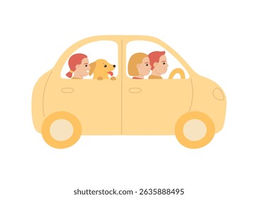 Road trip on car, family with dog. Auto drive. Happy passengers in vehicle. Vector childish flat illustration