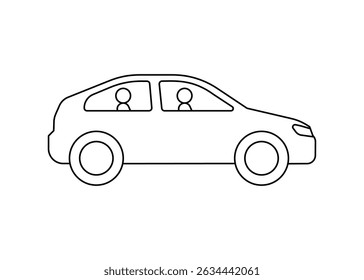 Viagem de carro, homem com cachorro, ícone de linha. Unidade automática. Passageiros no veículo. Ilustração em plano vetorial