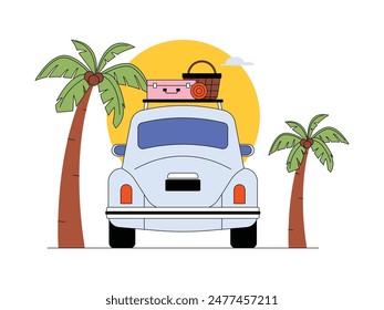 Road trip on vacation to the beach to see the sunset vector illustration.