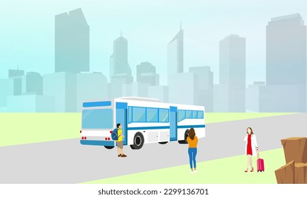 road trip people traveling by bus in the city, design concept, used for travel advertising, T-shirt designs, flyers, invitations, greeting cards, music advertising, illustrations, vectors.