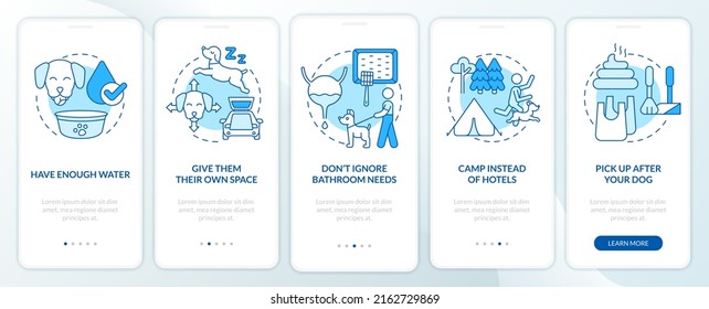 Road trip with pets advice blue onboarding mobile app screen. Walkthrough 5 steps editable graphic instructions with linear concepts. UI, UX, GUI template. Myriad Pro-Bold, Regular fonts used