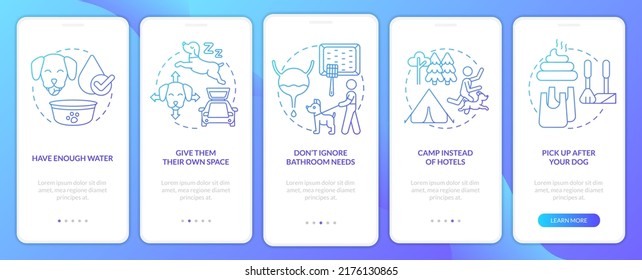 Viaje por carretera con mascotas asesoran pantalla de aplicación móvil con degradado azul. Recorrido 5 pasos instrucciones gráficas con conceptos lineales. UI, UX, plantilla GUI. Multitud de tipos de letra Pro-Bold, con uso regular