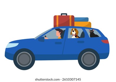 road trip with pets, man driving suv car with his dog and cat
