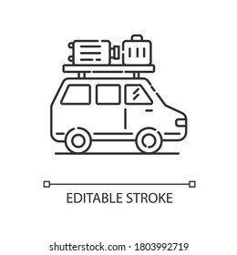 Road trip pixel perfect linear icon. Budget tourism, family vacation thin line customizable illustration. Contour symbol. Traveling by car. Vector isolated outline drawing. Editable stroke