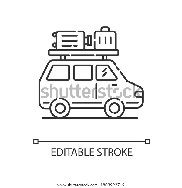 Road trip pixel perfect linear icon. Budget\
tourism, family vacation thin line customizable illustration.\
Contour symbol. Traveling by car. Vector isolated outline drawing.\
Editable stroke