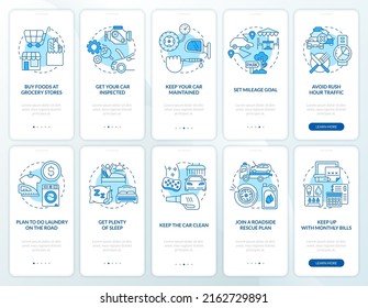 Road trip planning blue onboarding mobile app screen set. Walkthrough 5 steps editable graphic instructions with linear concepts. UI, UX, GUI template. Myriad Pro-Bold, Regular fonts used