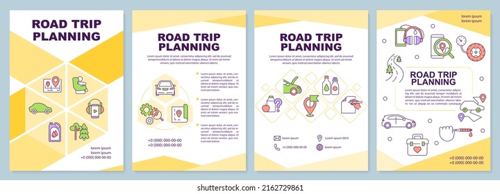 Road trip planning brochure template. Car tourism. Leaflet design with linear icons. Editable 4 vector layouts for presentation, annual reports. Arial-Black, Myriad Pro-Regular fonts used