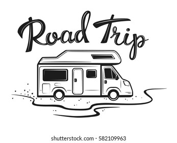 Road trip poster with camper on the way to holidays in black color with hand written text