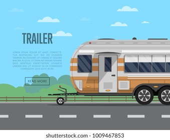 Road trip poster with camping trailer on highway. Side view car RV trailer caravan, compact motorhome advertising. Mobile home for country traveling and outdoor family vacation vector illustration