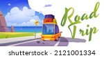 Road trip poster with car on road to sea beach. Vector banner of travel, summer vacation and journey with cartoon illustration of ocean shore landscape with mountains, highway and auto with luggage