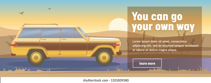 Road Trip Poster with Car on Beautiful Sunset Landscape. Holiday Adventure Design Concept. Good for Advertisement Banner Card. Journey in Nature Symbol Flat Cartoon Vector Illustration