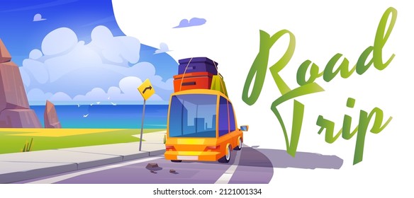 Road trip poster with car on road to sea beach. Vector banner of travel, summer vacation and journey with cartoon illustration of ocean shore landscape with mountains, highway and auto with luggage