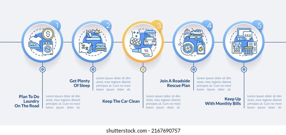 Plantilla de infografía de círculo de recomendaciones de viajes por carretera. Visualización de datos con 5 pasos. Gráfico de información de línea de tiempo editable. Diseño de flujo de trabajo con iconos de línea. Lato-Bold, fuentes regulares usadas