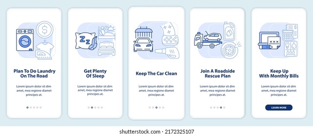Recomendaciones de viaje por carretera pantalla de aplicación móvil de color azul claro. Recorrido 5 pasos instrucciones gráficas editables con conceptos lineales. UI, UX, plantilla GUI. Multitud de tipos de letra Pro-Bold, con uso regular