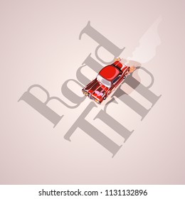 Road trip. Retro sport car. Muscle car. Exhaust Vector illustration