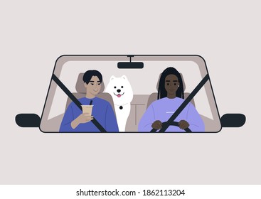 A road trip scenes, two characters and their dog riding a car, front view 