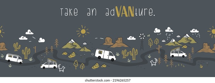 Road trip seamless pattern, doodle camper vans, vanlife, adventure - great for textiles, banners, wallpapers - vector design