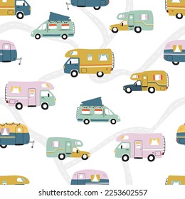 Straßenfahrten nahtloses Muster, Doodle-Camper-Lieferwagen, Vanilleleben, Abenteuer - ideal für Textilien, Banner, Bildschirmhintergründe - Vektordesign 