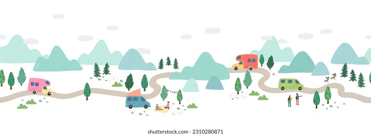 Road trip seamless pattern, doodle camper vans, vanlife, adventure - great for textiles, banners, wallpapers - vector design 
