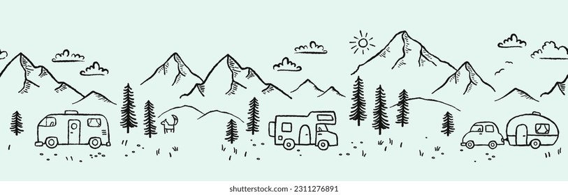 Trayectoria por carretera sin fisuras, furgonetas de acampada, vanlife, adventure - genial para textiles, banderas, papel de pared - diseño vectorial