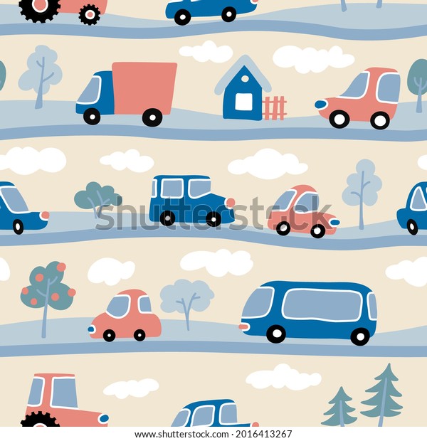 Road trip seamless\
pattern. Hand-drawn cute cars in cartoon style. Vector background\
for nursery design.