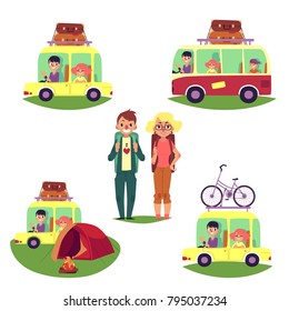 Road trip set, bus and cars with suitcase, baggage, bicycle on top, tent and backpackers, cartoon vector illustration isolated on white background. Road trip, camping, people travelling by car, bus