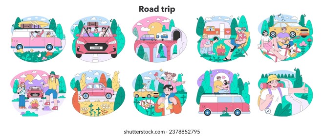 Viaje por carretera. Jóvenes o familias de vacaciones en coche. Personajes que conducen automóviles en vacaciones, viajando juntos por el mundo. Ilustración vectorial plana