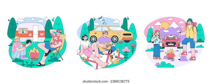 Viaje por carretera. Jóvenes o familias de vacaciones en coche. Personajes que conducen automóviles en vacaciones, viajando juntos por el mundo. Ilustración vectorial plana