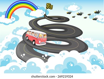 Road trip with sky and rainbow background