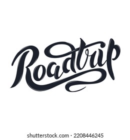 Road trip. The slogan. Vector illustration with hand lettering. Dark blue trendy letters with lines on white background. Travel the world. Wanderlust. Travel blog banner poster card trip car. 