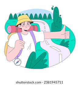Road trip. Slow traveling. Man hitchhiking with a backpack. Outdoor relaxation or traveling. Modern practice for body and mind wellness. Flat vector illustration