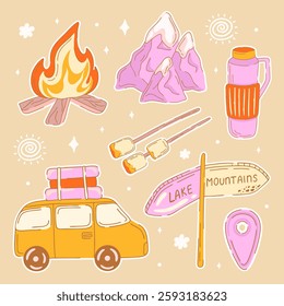 Road trip sticker pack. Items for Summer Camping. Vector.