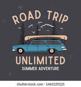 Road Trip Summer Adventure Graphic for T-Shirt, prints. Vintage hand drawn camp emblem. Retro travel scene background with trees, unusual badge. Outdoor Label. Stock vector