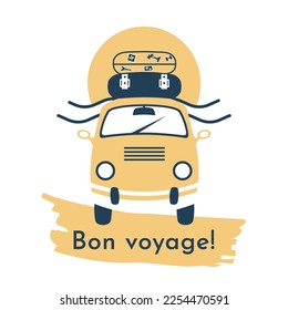 Road trip.  Summer travel by family bus to sea. Car journey and tourist trip concept. Family vehicle with suitcases rides on the road. Vector flat illustration for web, journey agency, family vacation