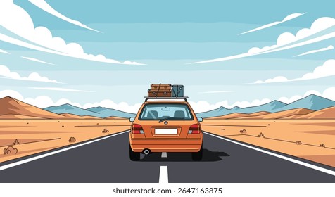 Road trip through arid landscapes under a bright sky